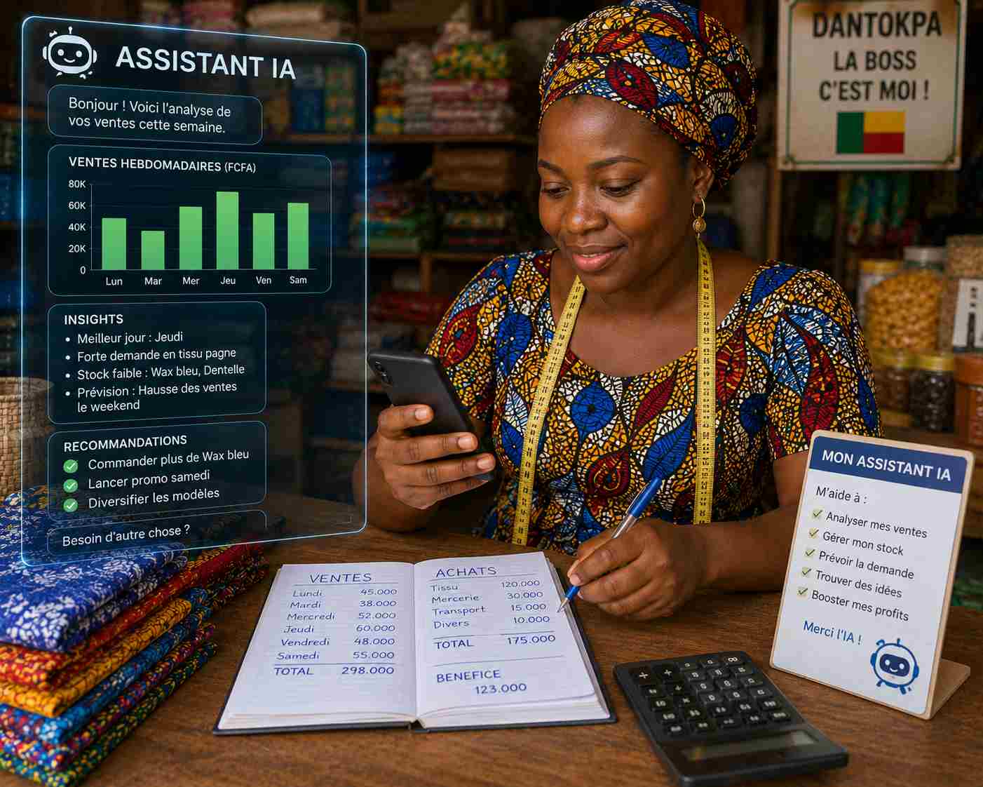 Commerçante béninoise organisant ses ventes avec l’aide de l’IA
