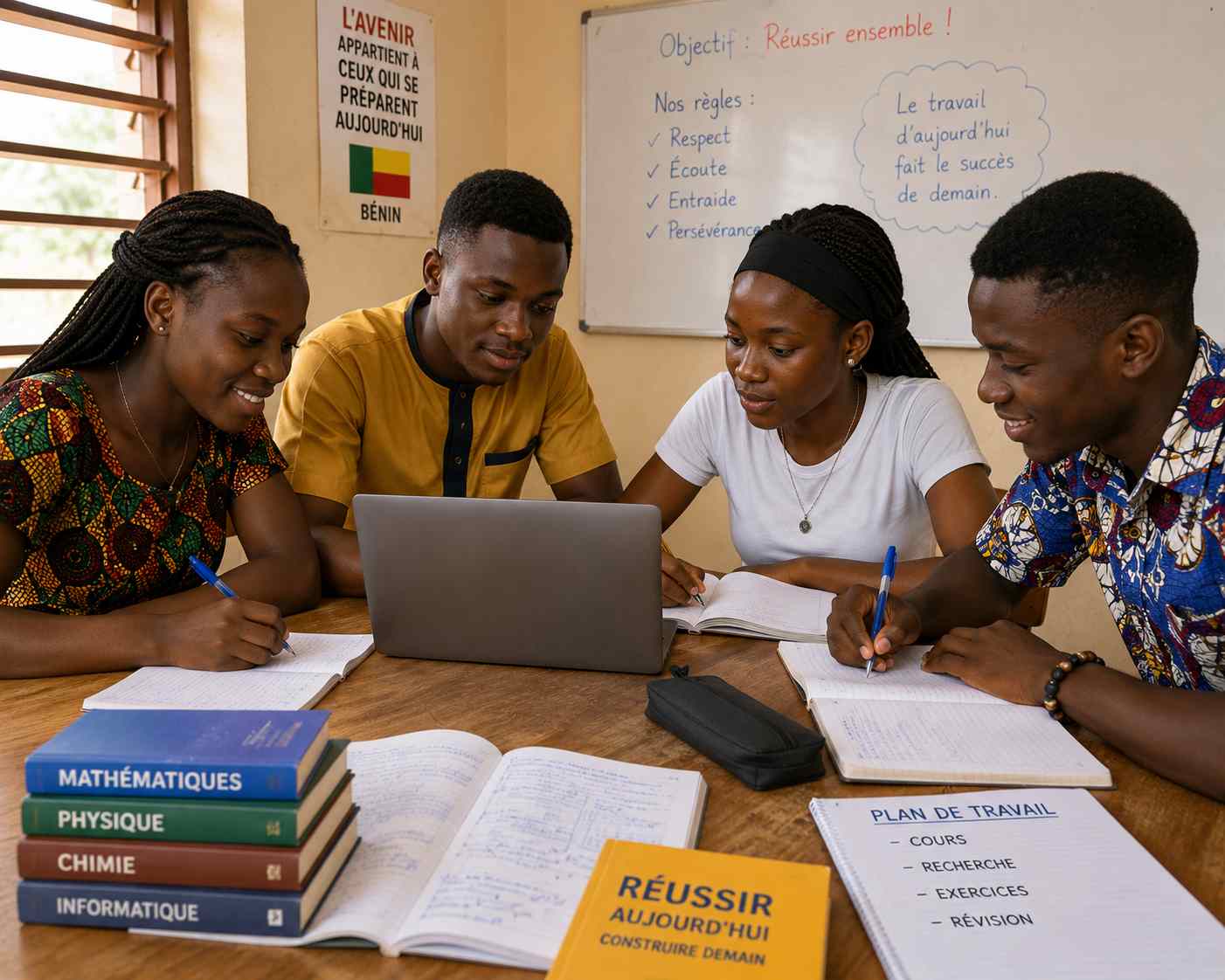 Étudiants béninois travaillant avec un ordinateur et des cahiers