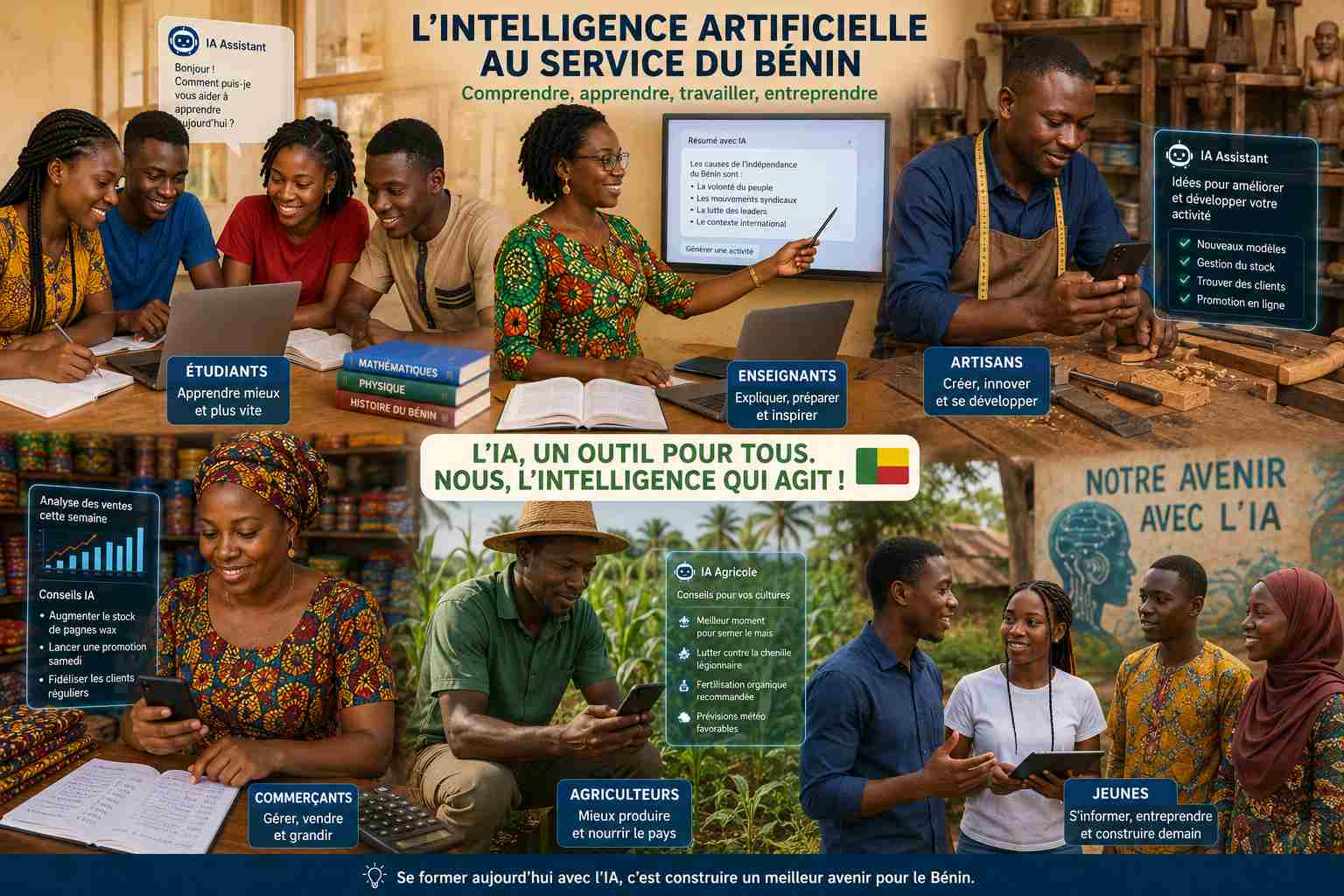 Jeunes, enseignants, artisans et agriculteurs béninois utilisant l’IA pour progresser