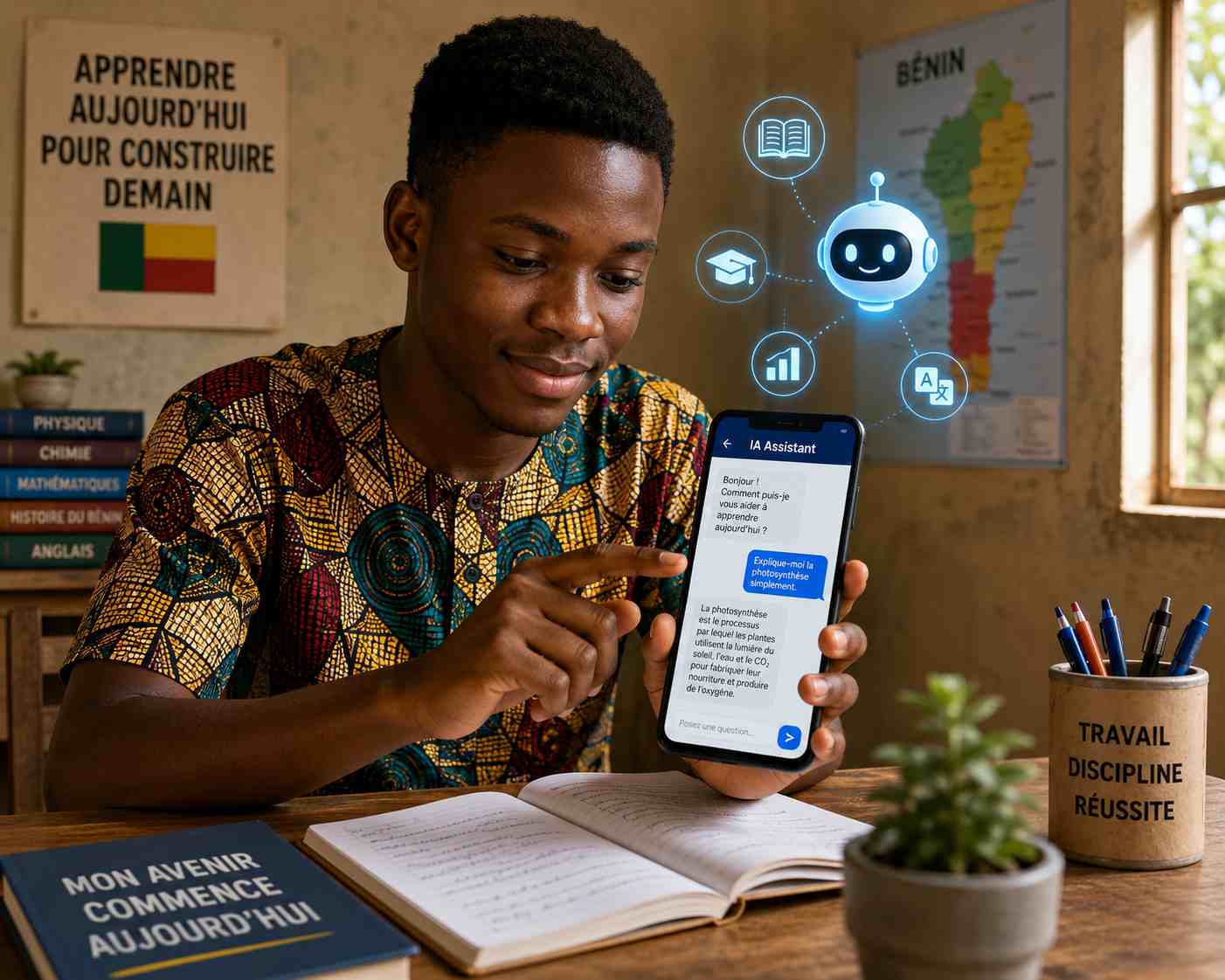 Jeune Béninois utilisant un téléphone pour apprendre avec l’intelligence artificielle